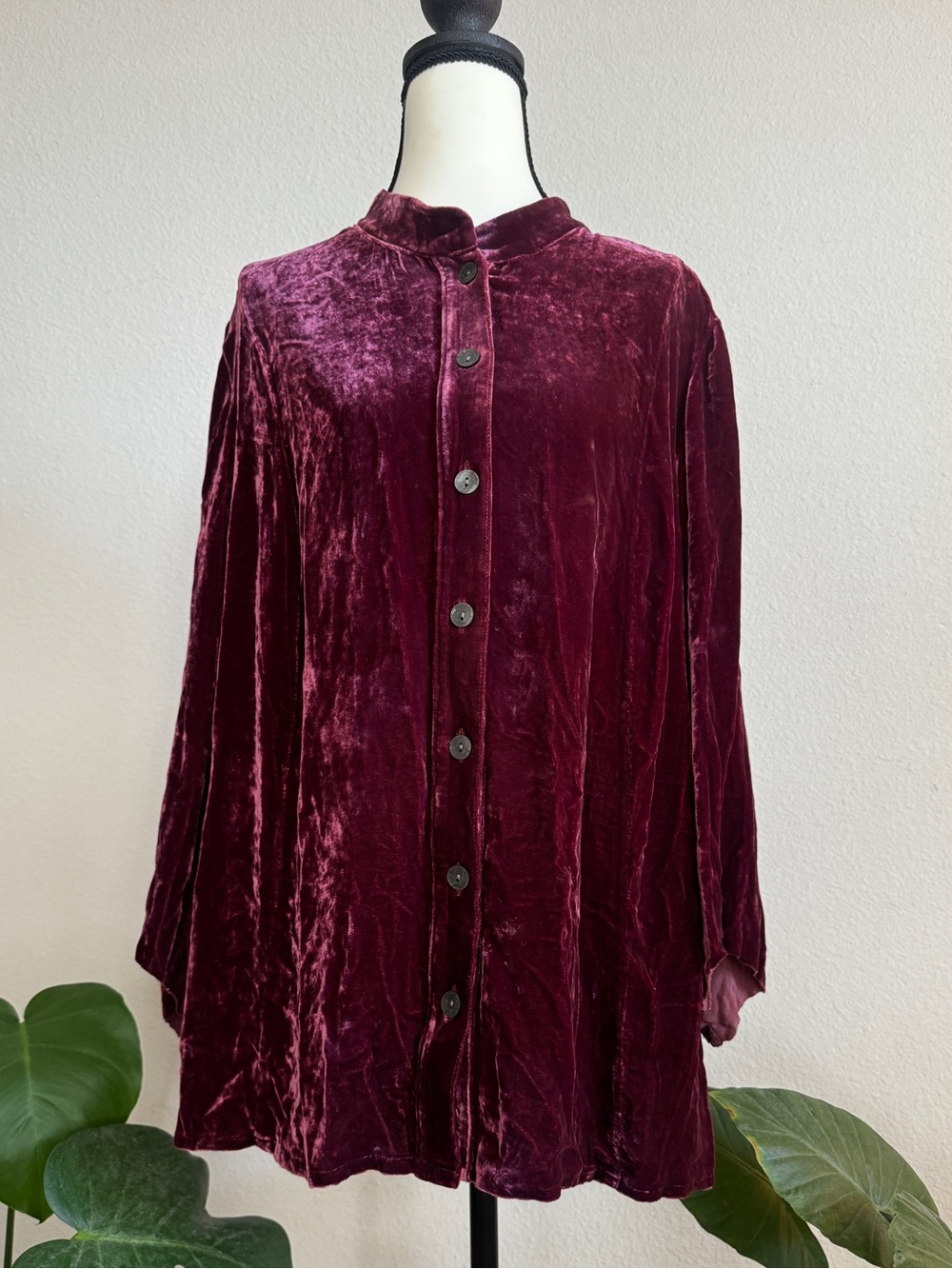 J.Jill Burgundy Silk Blend Velvet Button Front Tunic Top Size L Boho Holiday